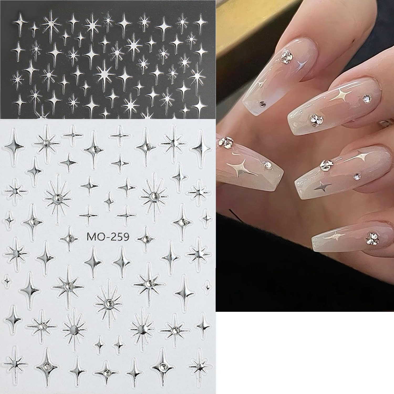 Star Nail Art Stickers Decals, 3D Self-Adhesive Shiny Crystal Black Silver Gold