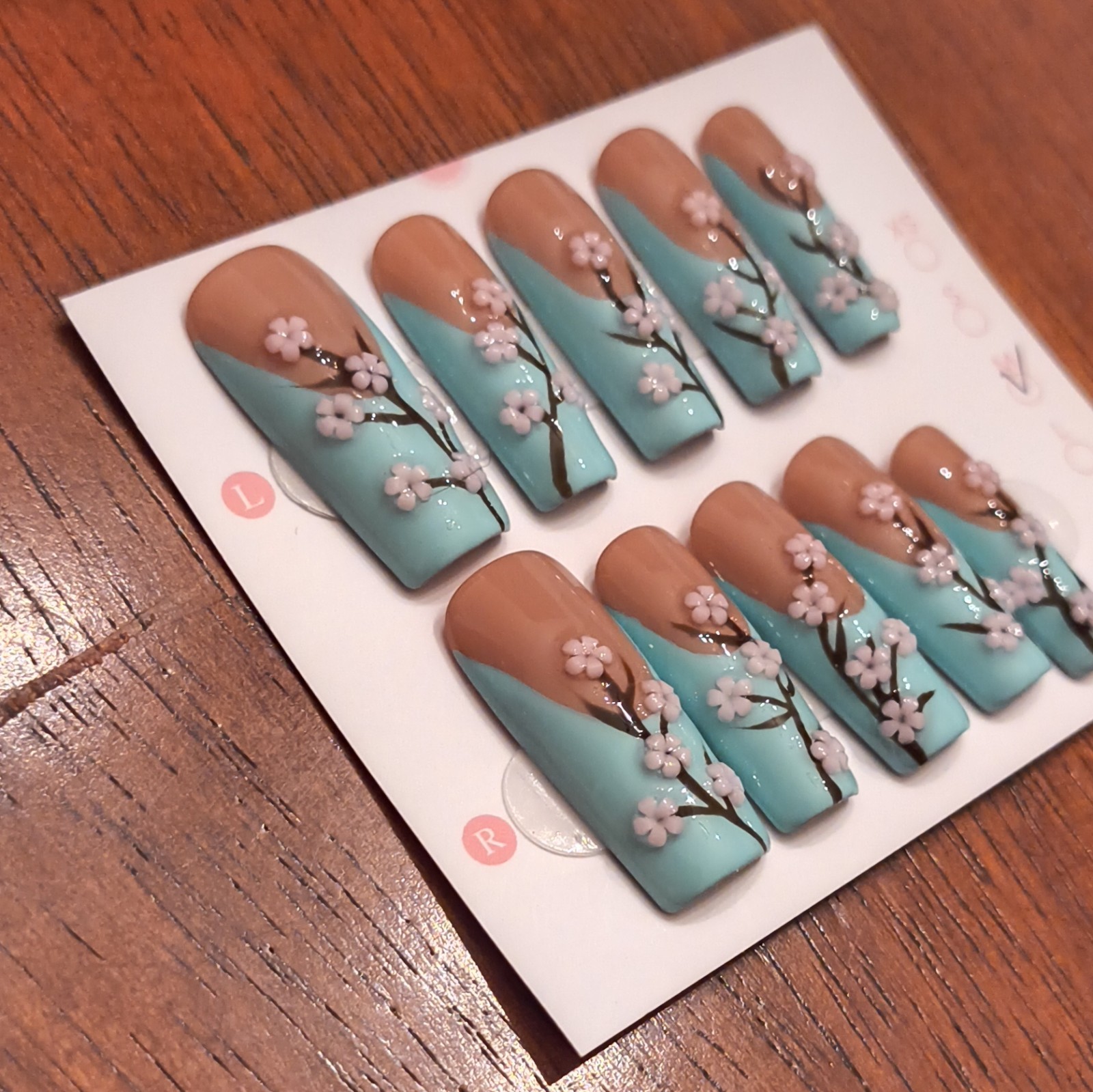 Press-On Nails Medium Square Blue Nude Pink Brown Shiny 3D Floral Pre-Designed