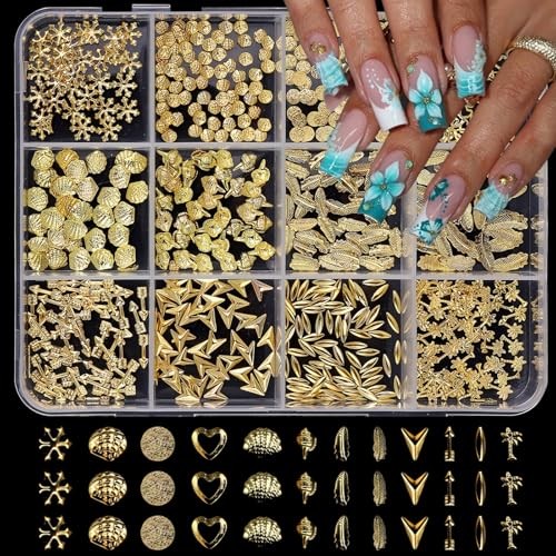 1 Box Gold Nail Charms 3D Alloy Circle Nail Gems Shiny Ocean Beach Color 9