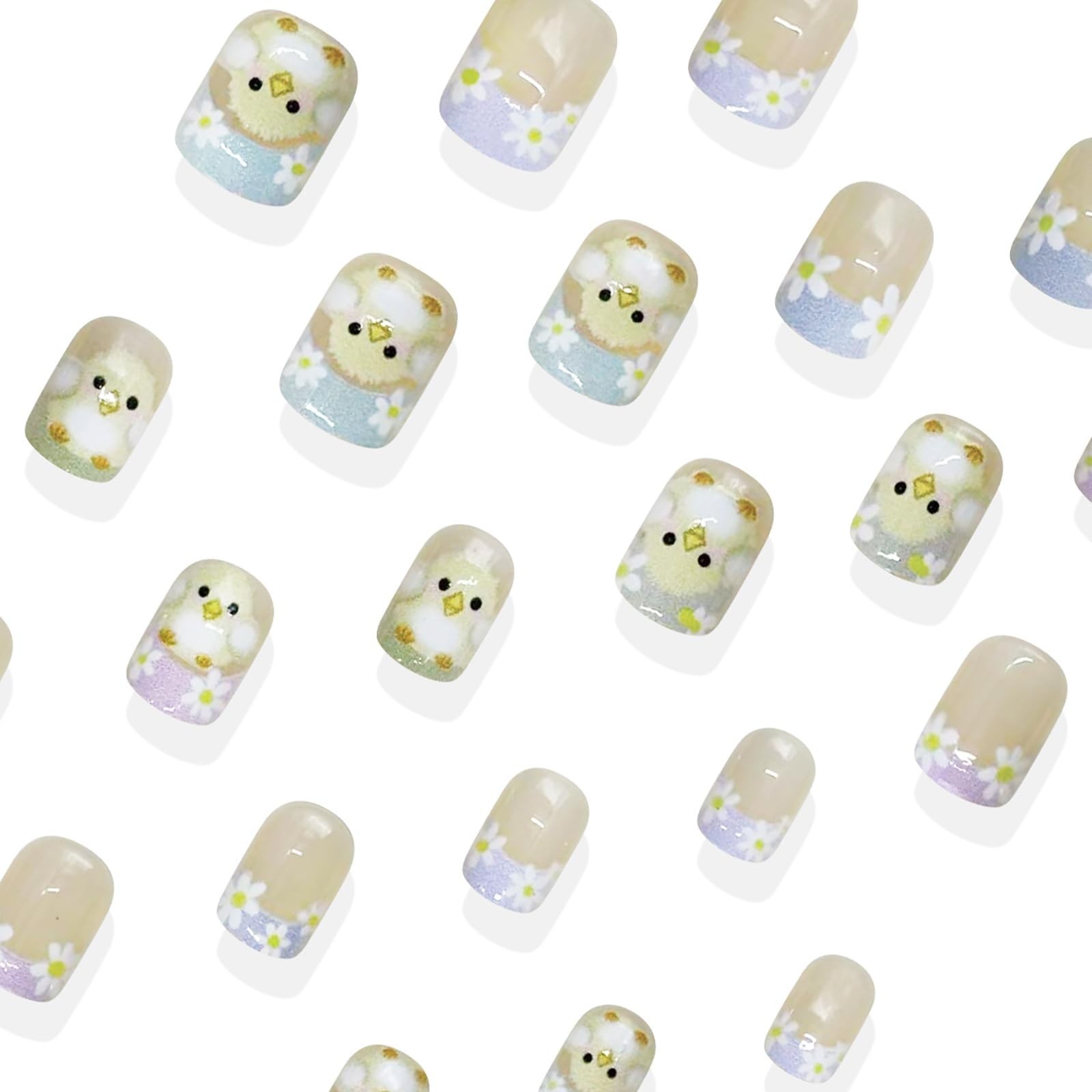 24Pcs Easter Press on Nails Short Fake Nails with Chick Flower Pattern Design…