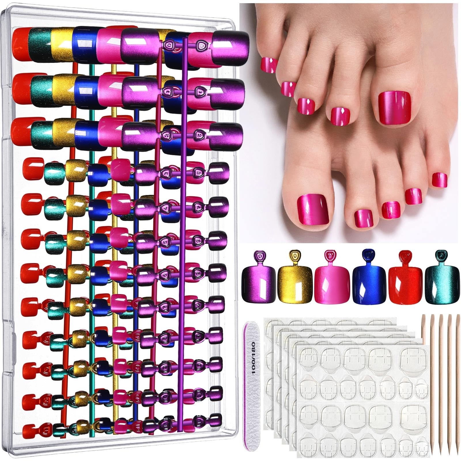 FANDAMEI Press on Toenails, 6 01-11, Hot Pink/Dark Blue/Gold/Green/Red/Purple