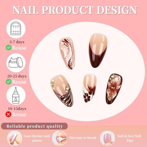 24Pcs Brown Flower Medium Almond Press on Nails Embossed Brown Hibiscus Style