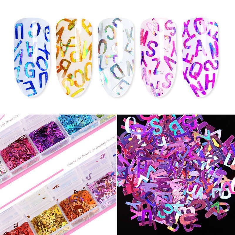 12 Colors Holographics Letter Nail Art Sequins Colorful UV Gel Decoration