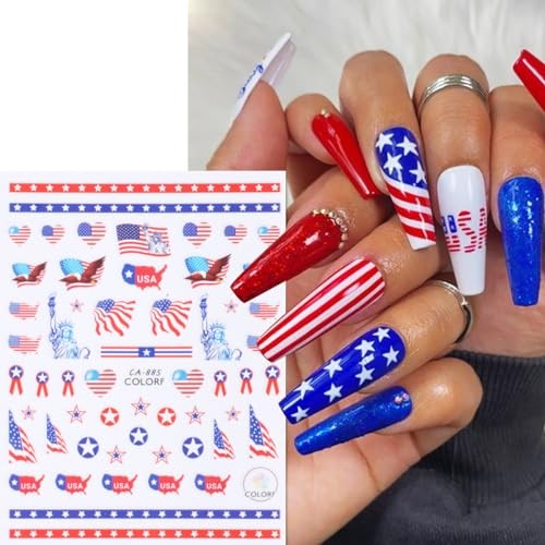 10 Sheets 4th of July Nail Art Stickers Patriotic Nail Decals 3D Self Modern
