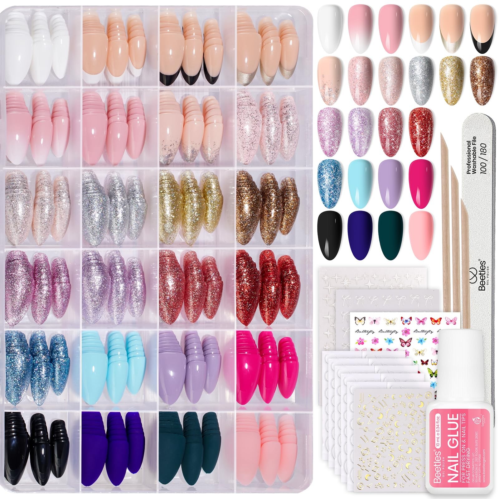 Beetles 15 Sizes (0-14), A – Nail Kit | Short Almond | Mirror Ball 720PCS