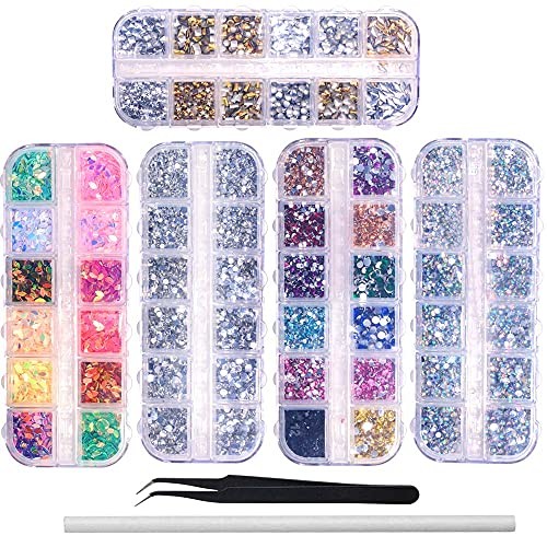 6400pcs Nail Art Rhinestones, Nail Crystal Gems Nail Diamonds, Gold Silver