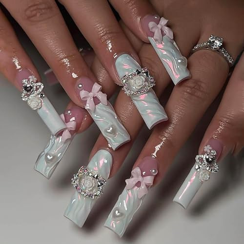 Long Square Press on Nails French Tip Fake Nails Blue False Long Style-C5C34