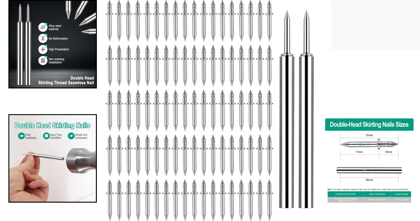 Concealed Double Head Skirting Board Nails 250 Pcs with Socket Tools