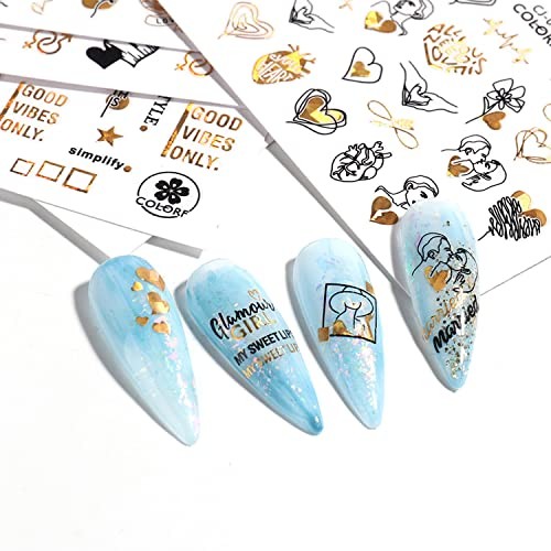Gold Flowers Nail Art Stickers, Holographic Rose Floral Leaf Love Gold Floral
