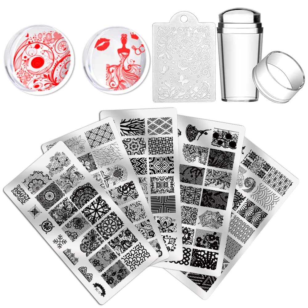 5 Placas Para Estampar Unas + 1 Estampador + 1 Raspador Flor De Encaje Patro…
