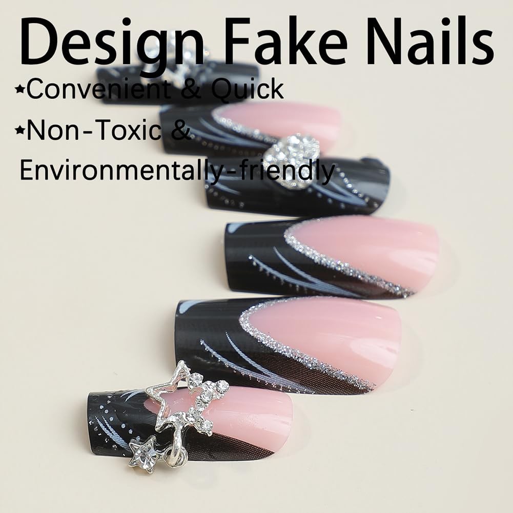 Long Press on Nails Black French Tip Long Fake Nail Coffin Press on Nails Squ…