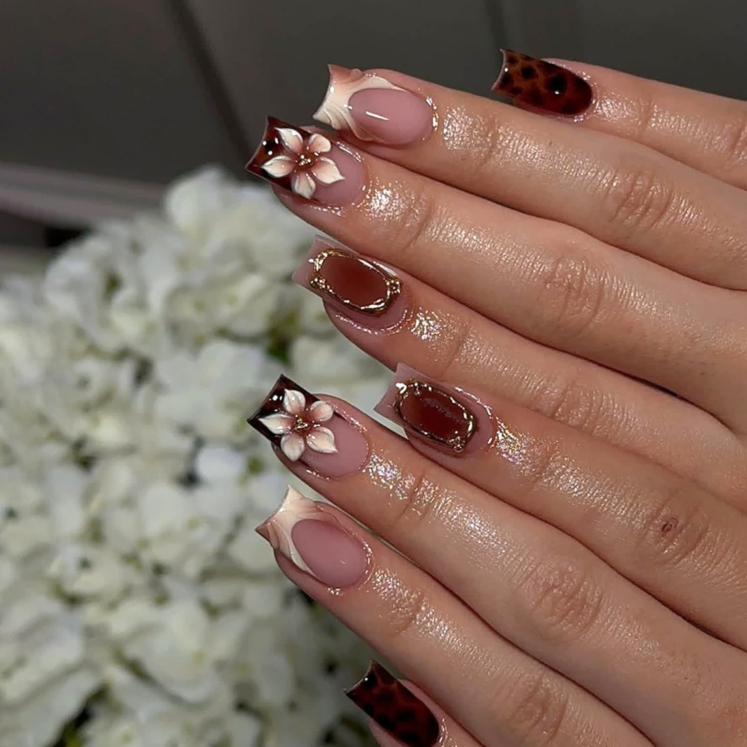 Summer Press on Nails Medium Coffin Fake Nails Summer Ocean False Nail with Star