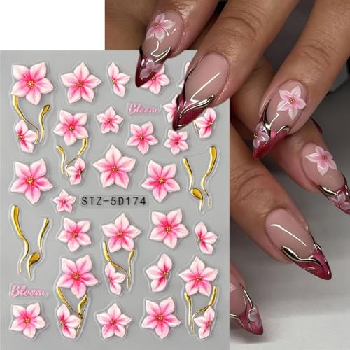 Flower Nail Stickers 3D Self-Adhesive Embossed Pink Floral Nail Colorful Flower