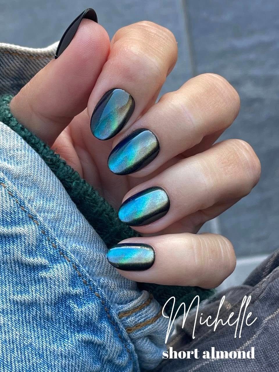 Red Aspen Press On Nails-Michelle in Modern Times-Short-Almond-Cat-Eye Aura