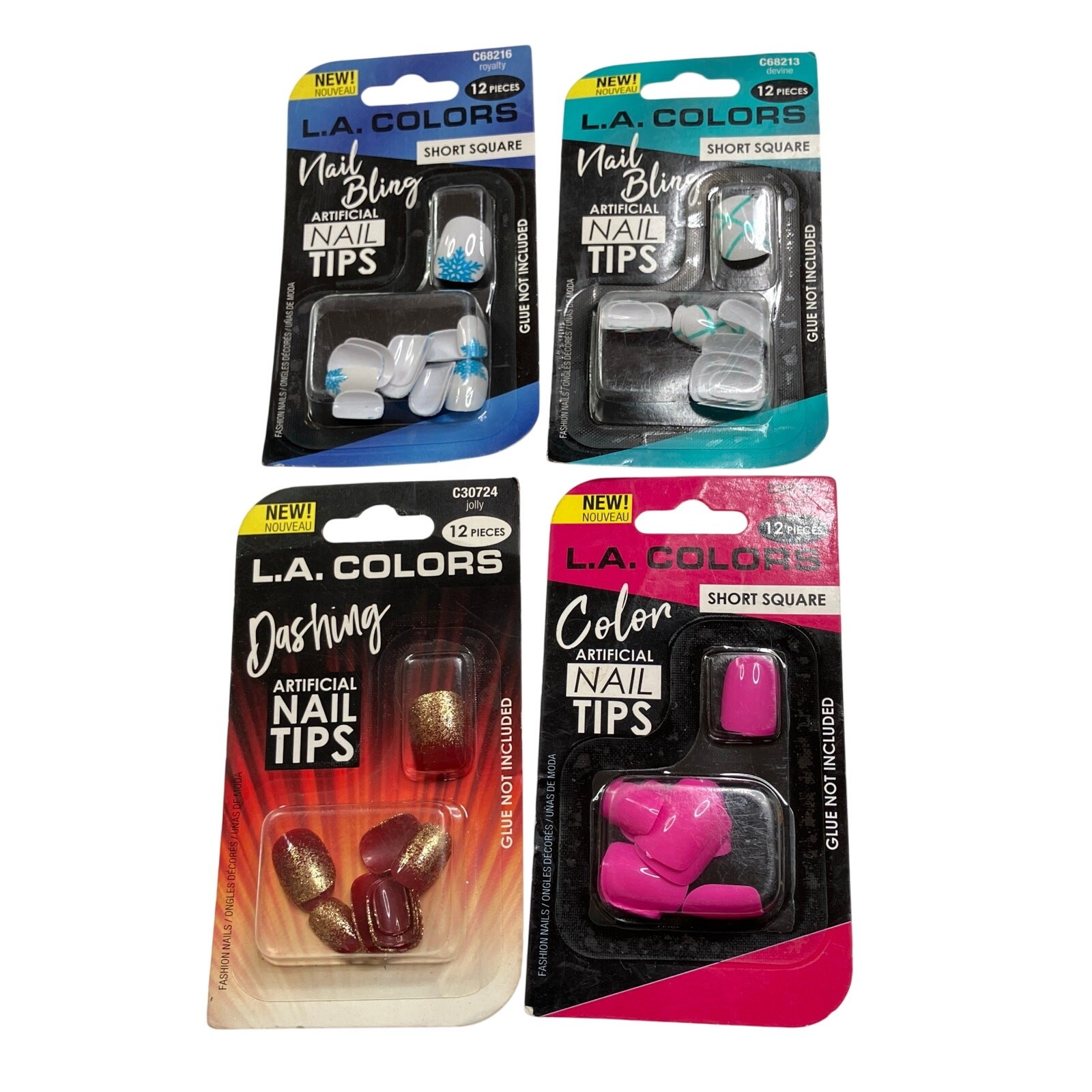 L.A.Colors Lot of 4 Artificial Nail Tips Glue-On Style Snowflake,Pink,Festive