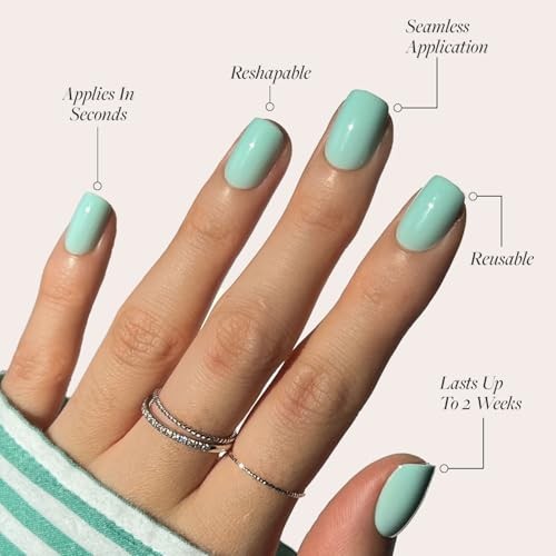 Press On Nails – | Short Squoval Light Blue Fake Nails with Glossy Soft Teal