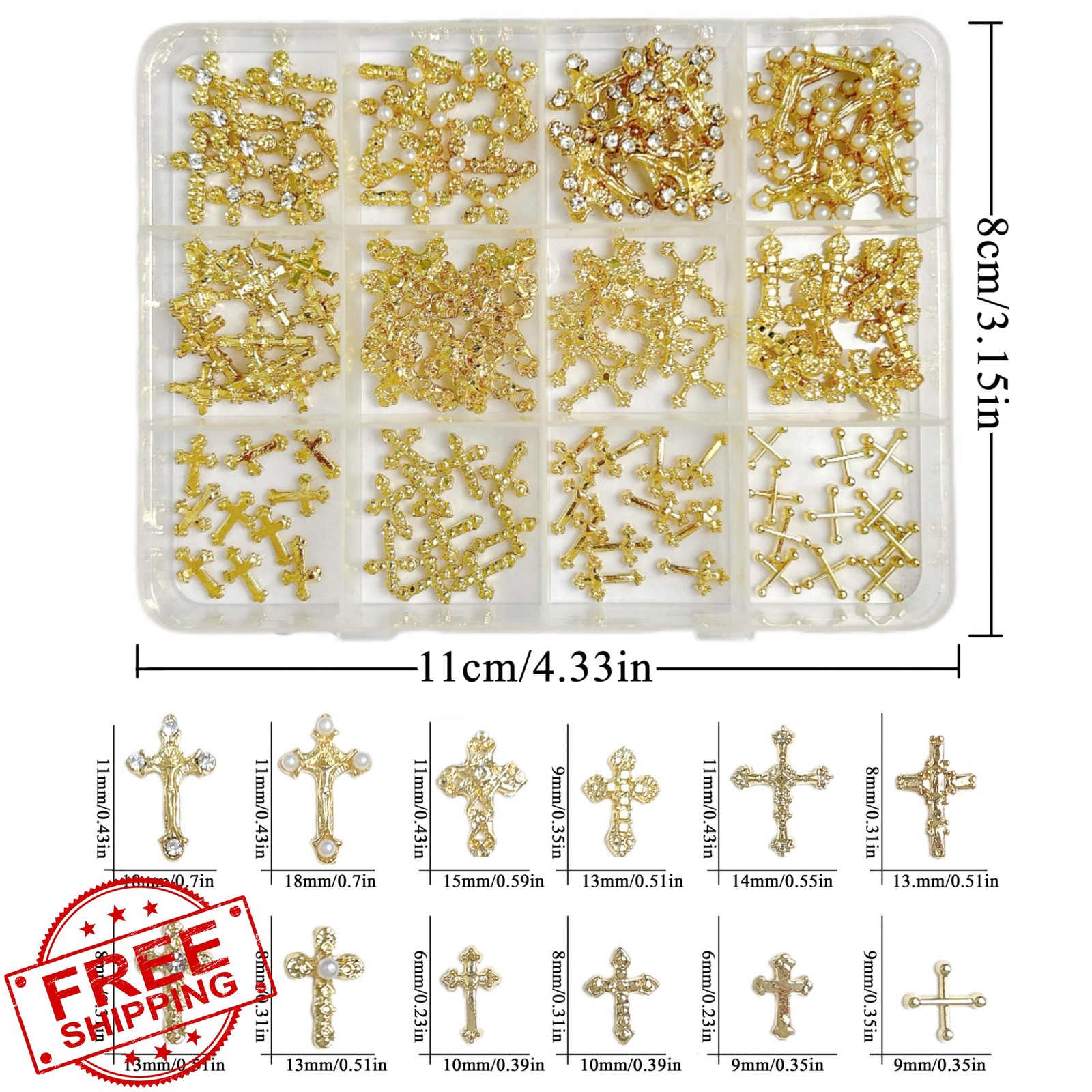 LERBOU 120pc Cross Nail Charms Gold Color 02