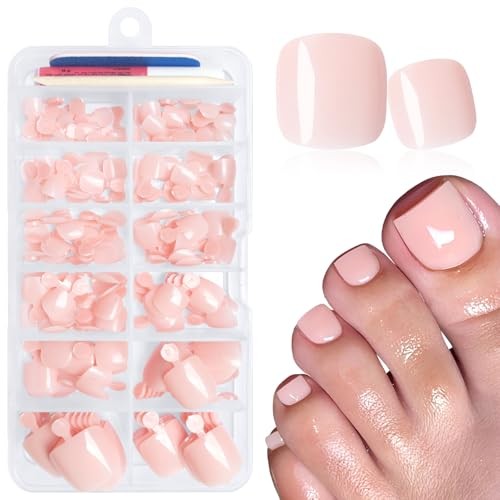 168pc Press on Toenails Nude Fake Toe Nails with Glue Adhesive Tabs, Nude Pink