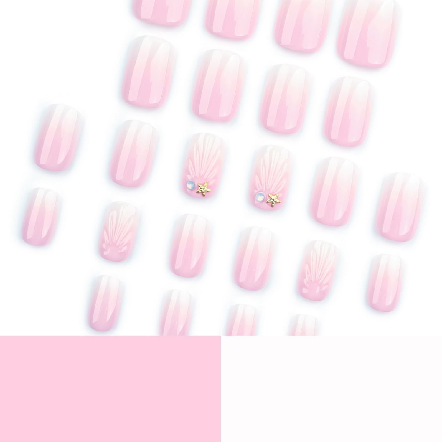 Pink White Gradient Press on Nails Short Square Fake Nails Summer Shell Patte…