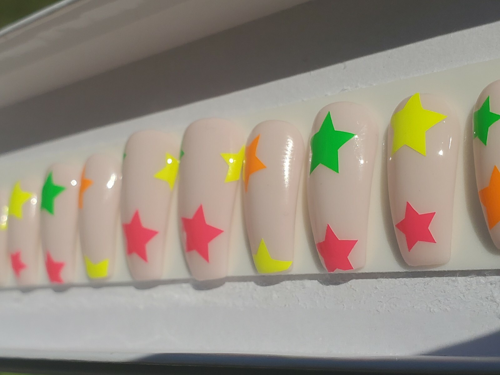 Nude & Neon star nails pink yellow orange green press on nails short coffin