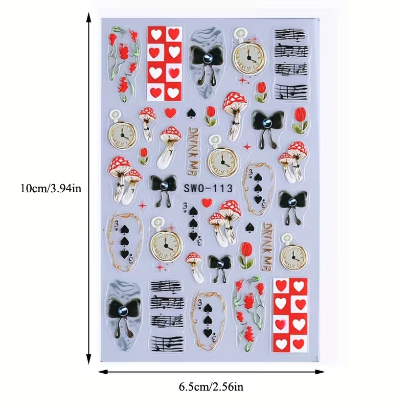 Alice in Wonderland Inspired Nail Decals Tulips Mushrooms Clock Nail Stickers