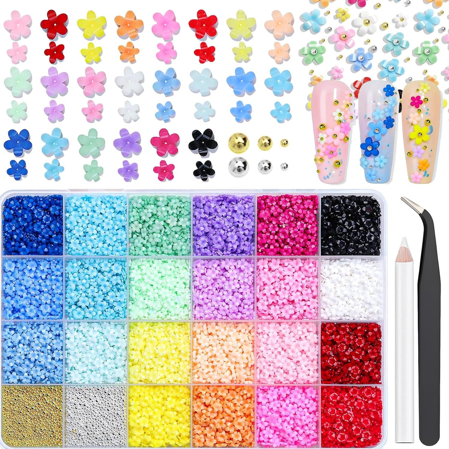 11000 Pieces Flower Nail Charms 24 Color 3D Flowers for Nails Gold & Silver Nail