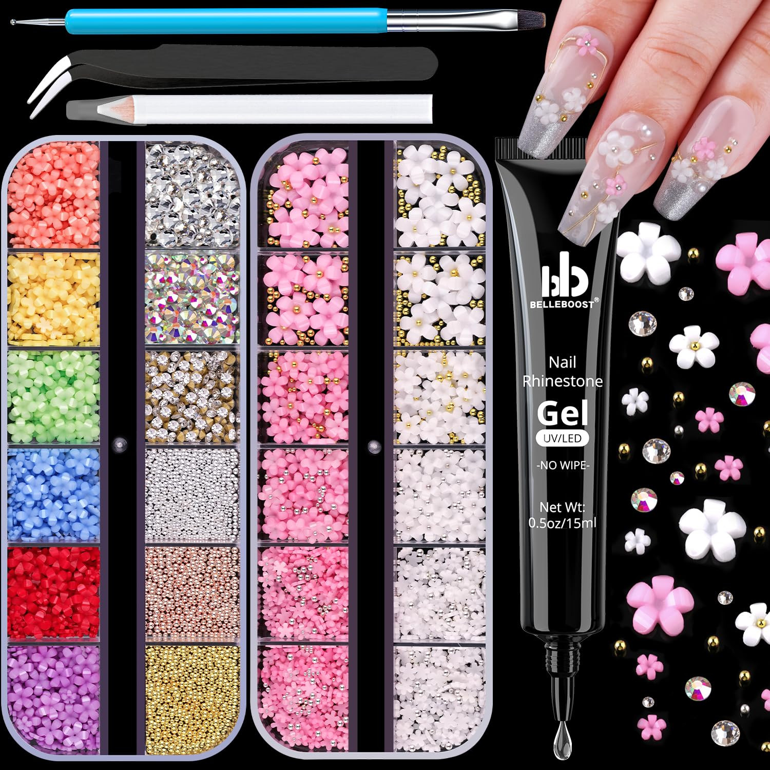 Flores 3D y Gemas Uñas Acrilico Pegamento Brillantes Caviar Herramientas