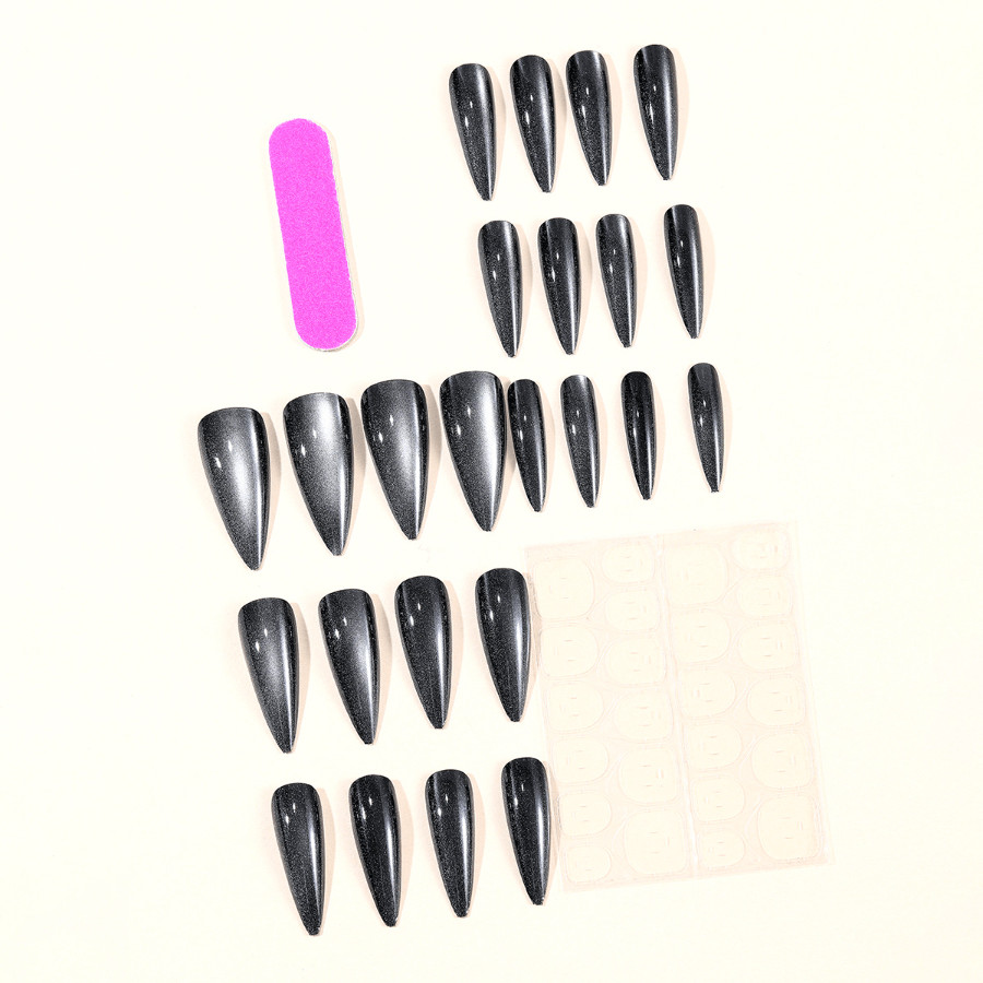 48pcs Stiletto Press on Nails, Black Silver Cat Eye Glossy Gothic Nail Art