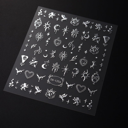 6 Sheets Metallic Nail Art Stickers Decals-3D Self-Adhesive Sun Stars Silver