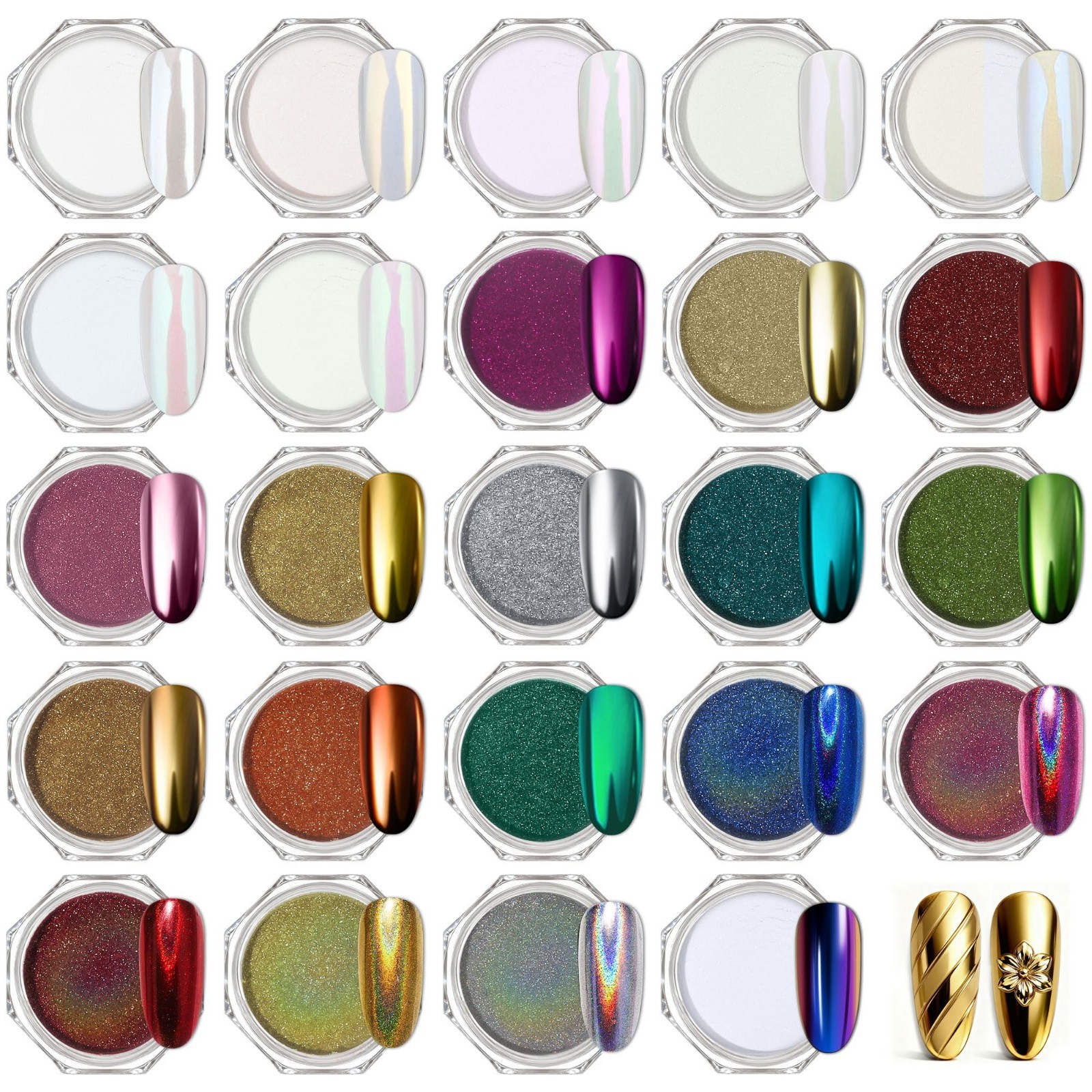 24 Jars Holographic Nail Powder Kit – White Pearl & Gold Mirror Effect for Nail