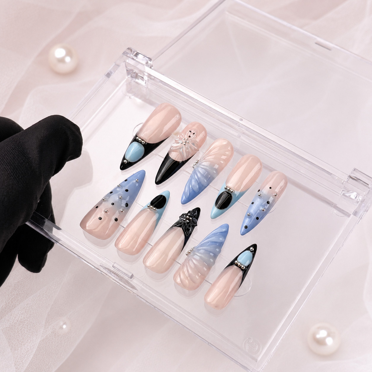Long Stiletto Press On Nails Blue Black French Tip Butterfly Rhinestone Nail Set
