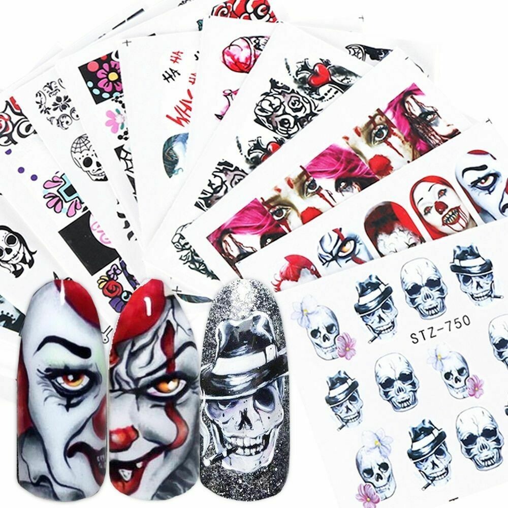 Nail Art Stickers Halloween Watermark Skull Evil Eye Decals Manicure Tattoo NS37