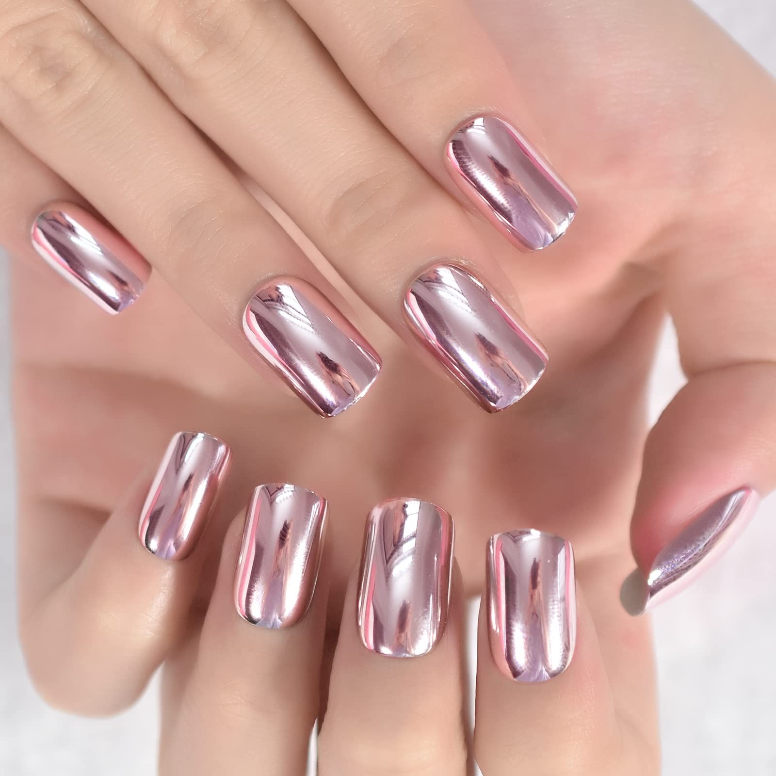 Metallic Mirror Press On Nails Light Pink False Nails Squoval Medium Lenght N…