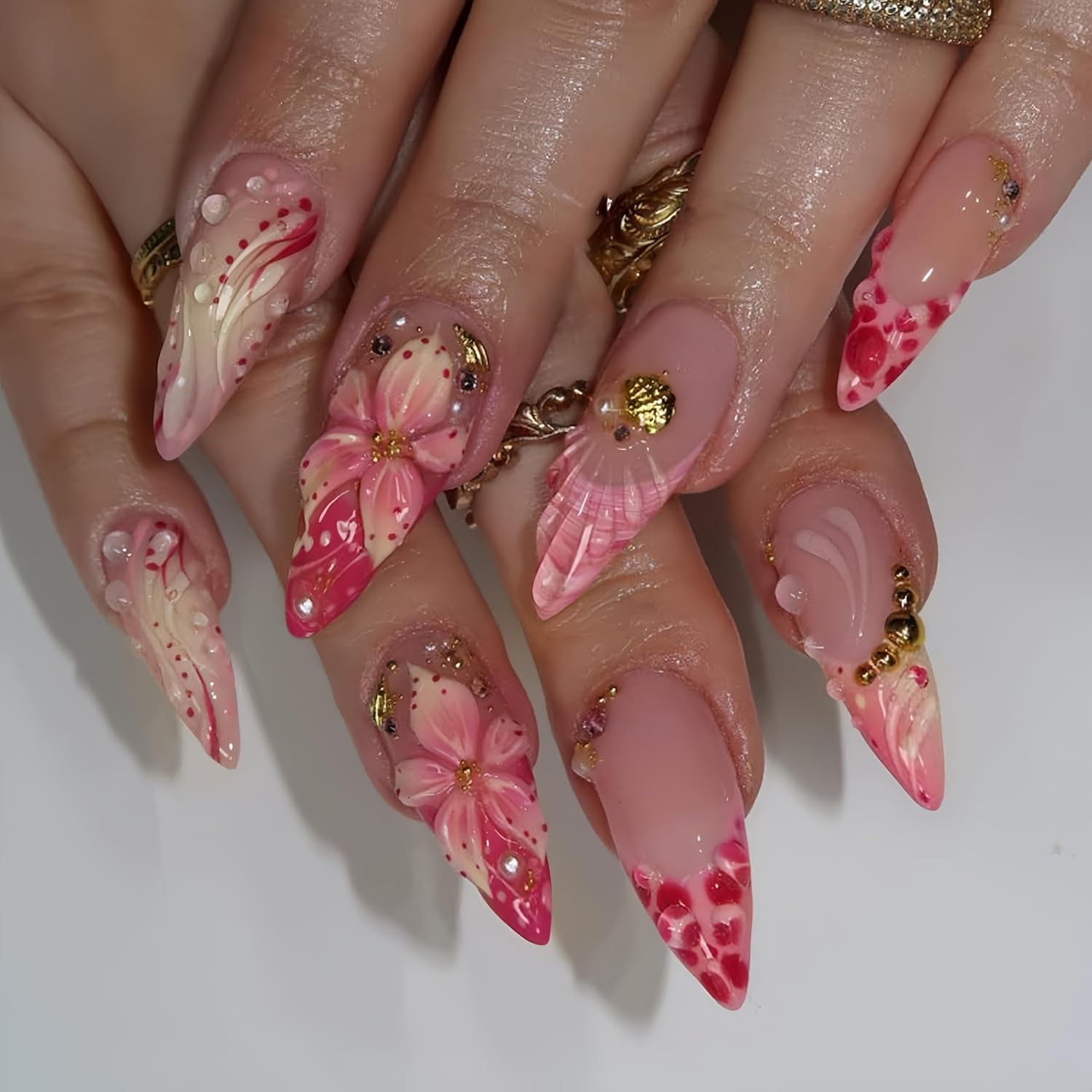 24Pcs Pink Flower Press on Nails Long Almond French Tip Fake Nails with 3D Gold