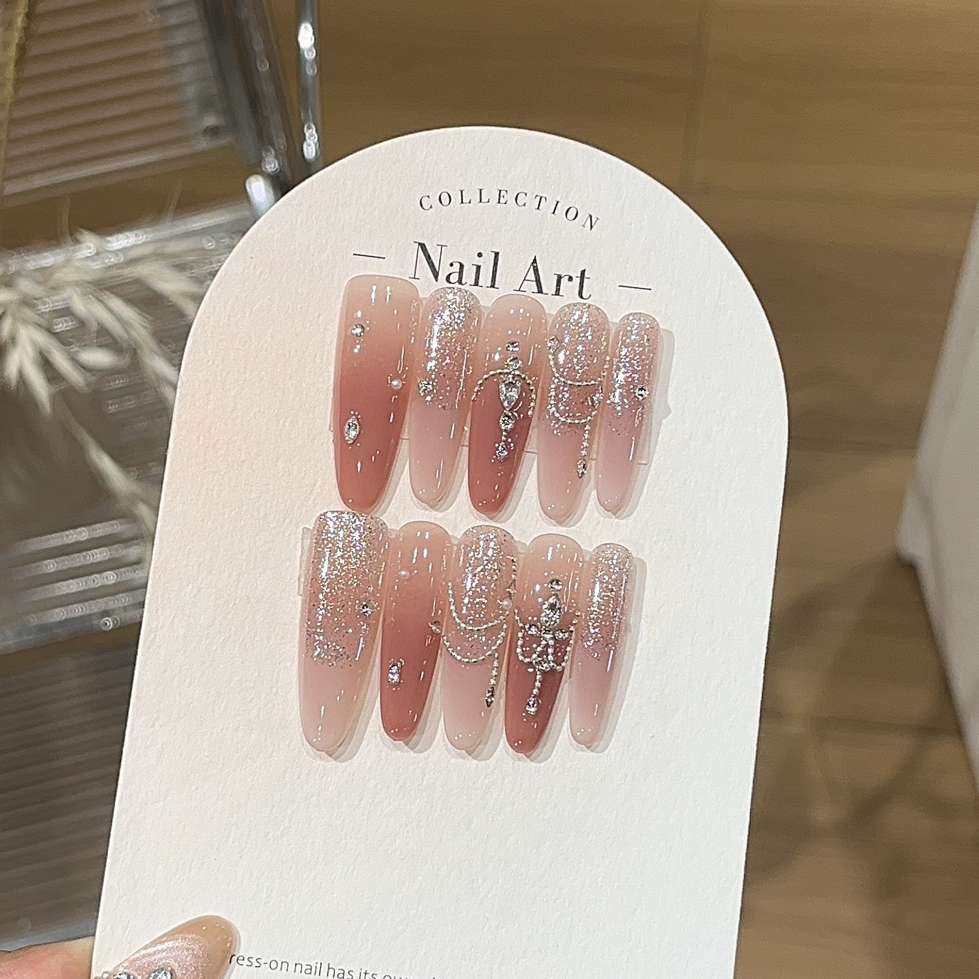 10Pcs Handmade Rose Pink Nails Silver Chain Rhinestone Sweet Dating Look