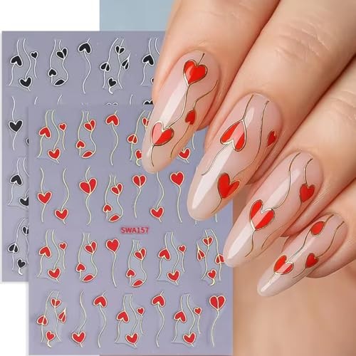 5Sheets Heart Nail Art Stickers Black White Red Heart Nails Heart Stickers-9