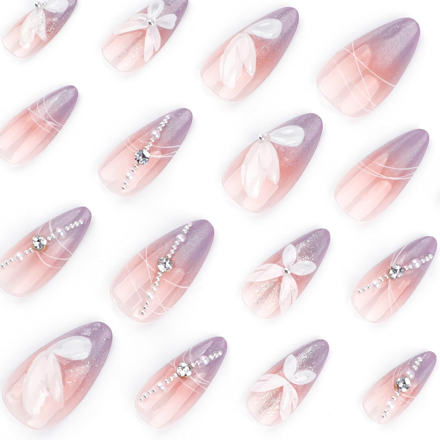 Almond Press on Nails Medium – Ombre Purple Fake Nails with Flower Butterfly Des