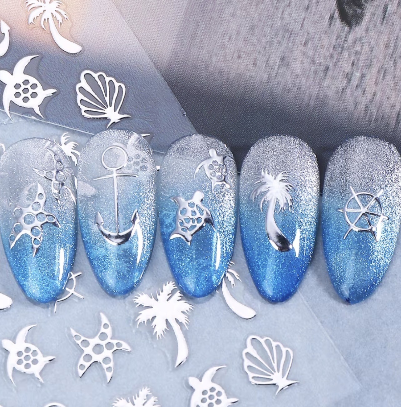 Summer Beach Nail Art Stickers Gold Silver Palm Tree Shell Turtle Anchor SWA212