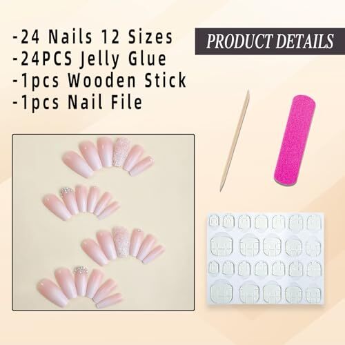 Pink Press on Nails Long Square Coffin Fake Nails Pink White 3-Pink Gradient