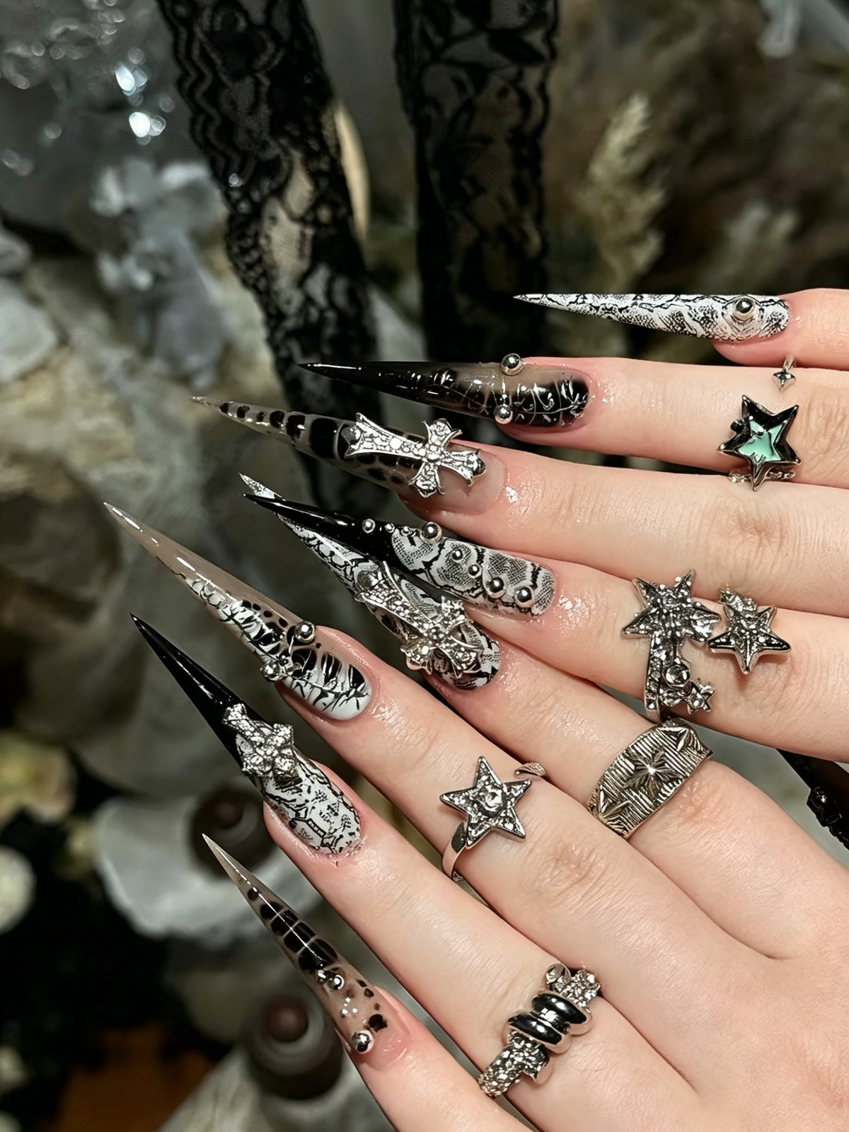 Dark Gothic Snake Print Skull Cross Handmade Press On Nails European American Ho