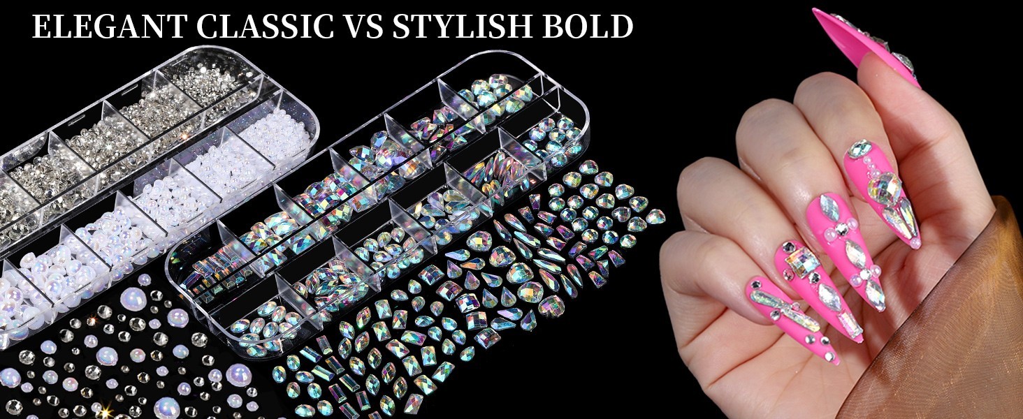 Nail Charms, Nail Rhinestones Kit with 8 Boxes of Nail Gems Multi Shape