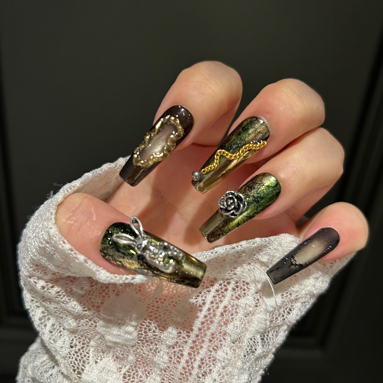 Gothic Dark Spice Handmade Black Press On Nails Cat Eye Metal Design