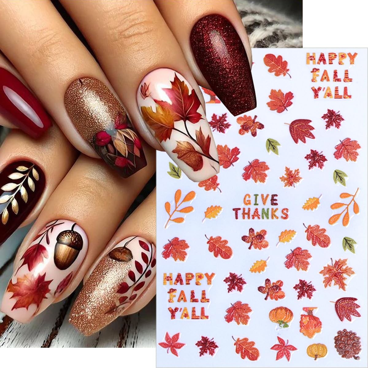 6 Sheet Thanksgiving Turkey Nail Stickers for Art 5D Embossed Orange
