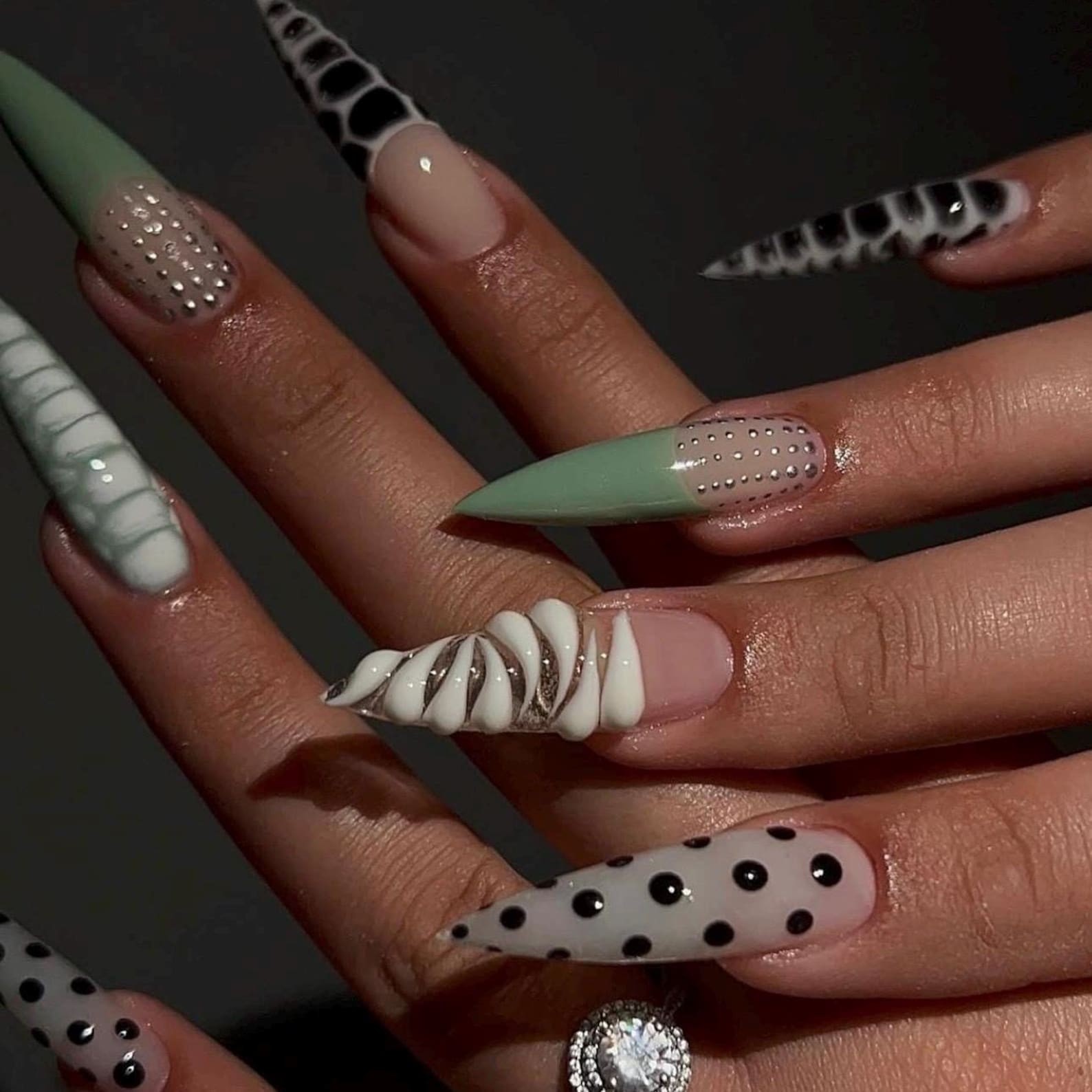Handmade Sage Green Black Cow Print Dot Rhinestone Long Stiletto Press On Nails