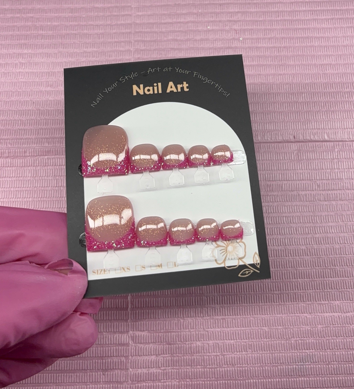 press on toenails pink glitter french tips nude handmade custom builder gel