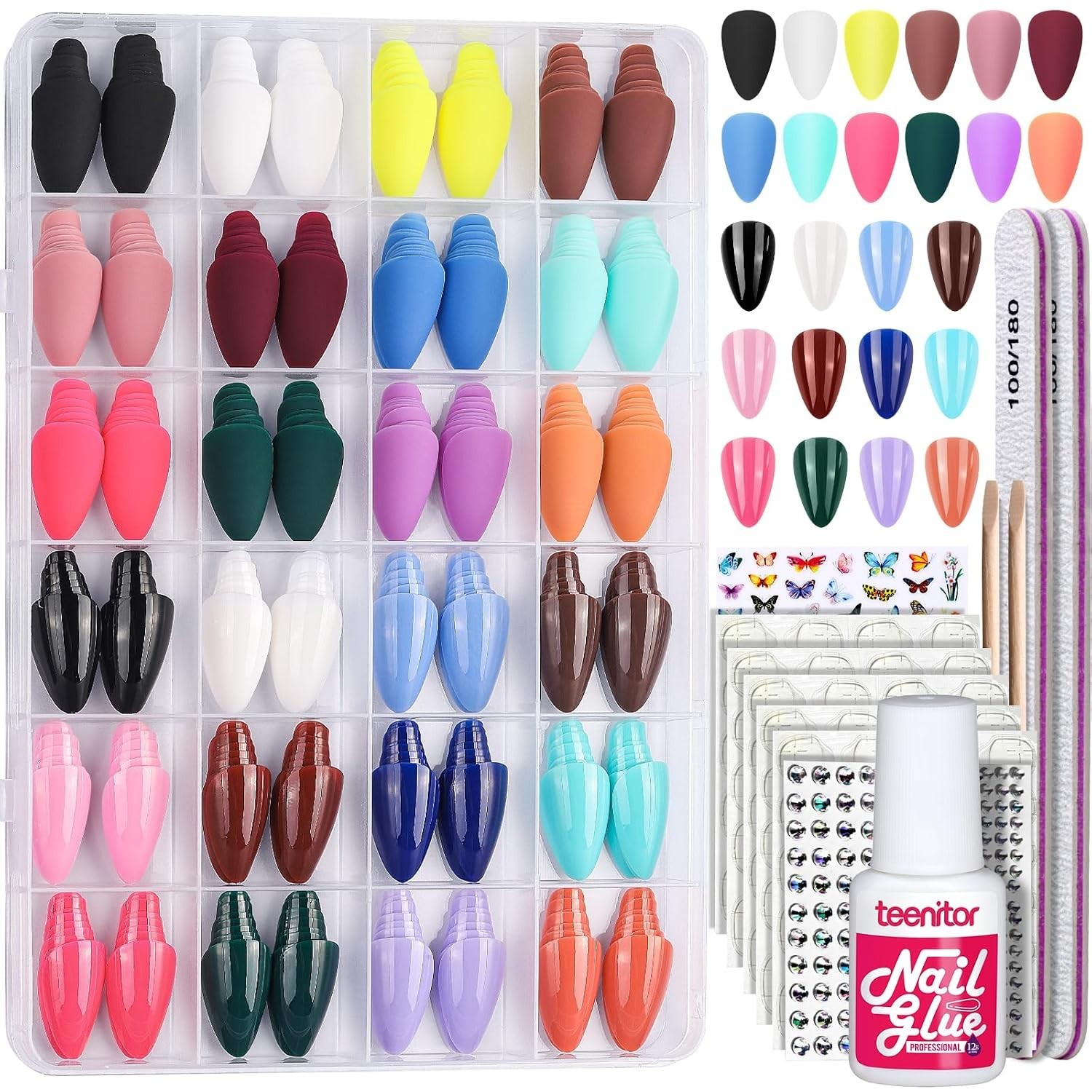 24 Pack Almond Press On Nails – 576 Pcs, Medium Sizes, Easy Apply & Reusable