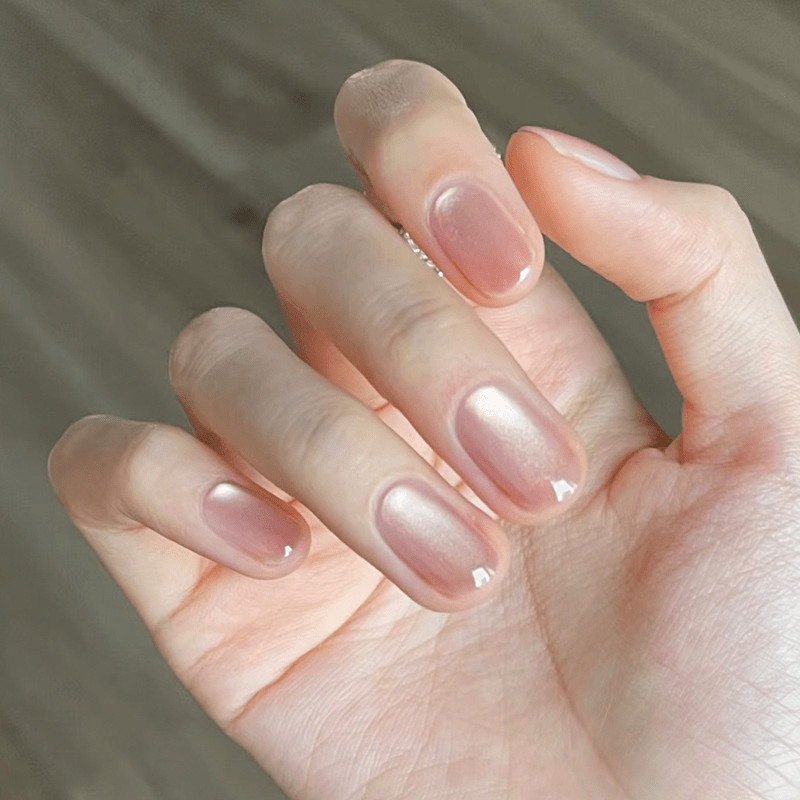 60Pcs-Short Oval Minimalist Natural Nude Aurora Cat Eye Press on Nails