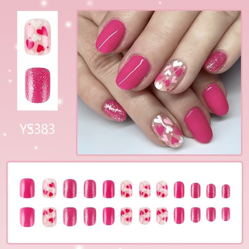48 Pcs of Pink Heart-shaped Nails – Short Oval, Smooth and Removable Fake Nails