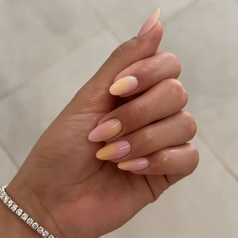 48pcs Short Almond Press on Nails, Pink Orange Ombre Nude Minimal Gloss Nails