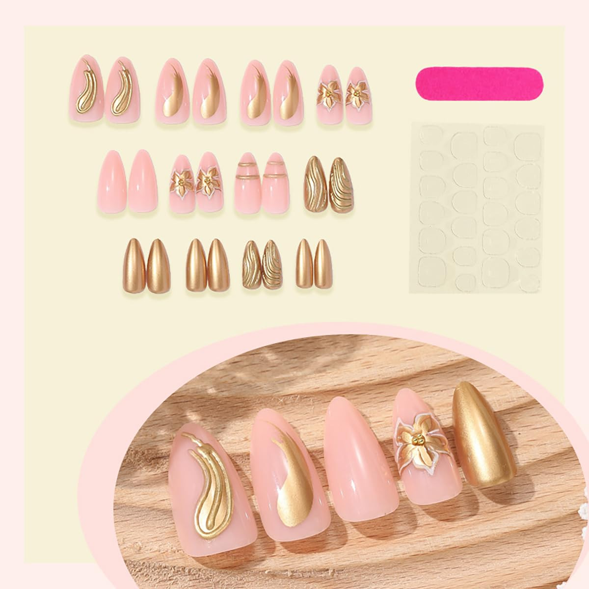 24Pcs Gold Flower Press on Nails Medium Almond Fake Nails Gold Chrome Full Cover